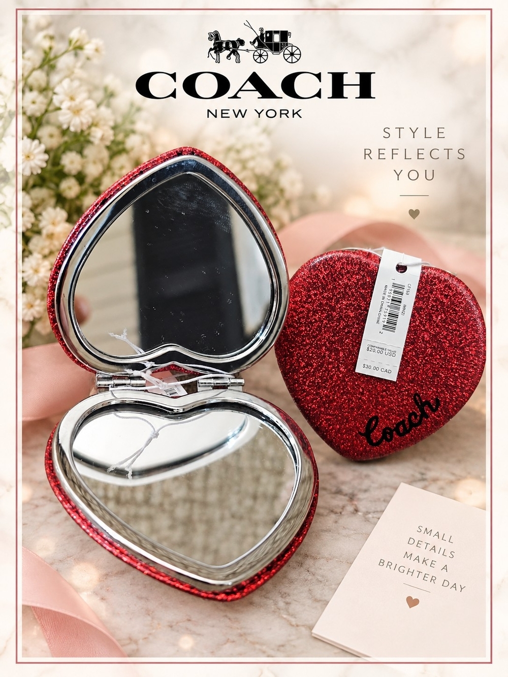 COACH Red Glitter Heart Compact Dual Mirror CF153 NWT
